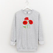 Gray sweatshirt with 1 in 4 red poppy flower design on a white background