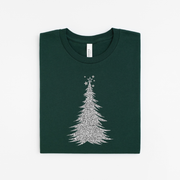 Green t-shirt with a silver Christmas tree design on a white background